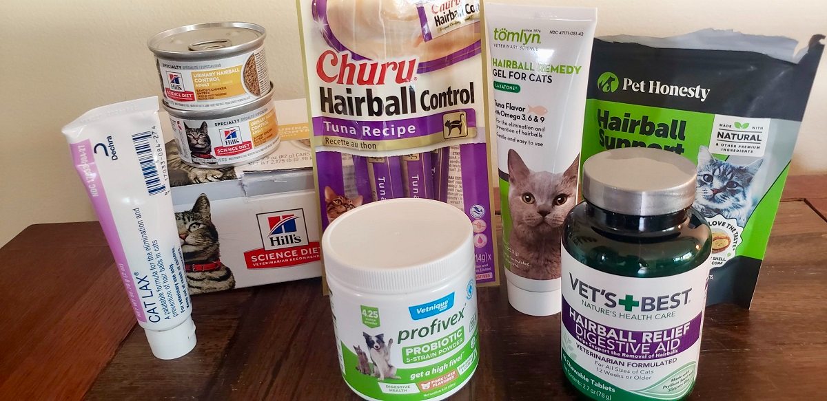 lineup of seven different hairball remedies